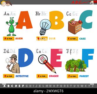 Cartoon illustration of capital letters from alphabet educational set for reading and writing practice for children from A to F Stock Vector