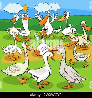 Cartoon illustration of geese birds farm animals group in the countryside Stock Vector