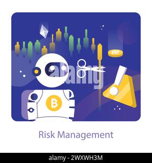 Risk Management concept. A crypto trading bot is illustrated managing risks with precision, as indicated by market charts and a symbolic cut of potential losses. Essential for financial strategy. Stock Vector
