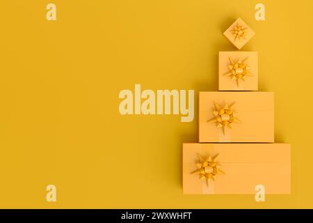 Gift boxes with ribbon and bow flying and falling on monochrome background. 3d render concept of greeting design Birthday, Merry Christmas, Black frid Stock Photo