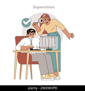 Supervision in Task Delegation concept. Mentor oversees a focused worker, ensuring quality and guidance in task execution. Vector illustration. Stock Vector