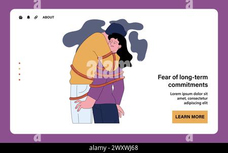 Fear of long-term commitment web or landing. Scared and anxious woman tied up to a man. Character with fear of romantic connection. Anxious and avoidant attachment in a relationship. Flat vector Stock Vector