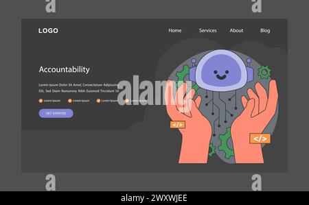 AI ethics dark or night mode web, landing. AI's accountability. Hands cradle a smiling robot head. Gears and code symbols emphasize the balance of tech and responsibility. Flat vector illustration. Stock Vector