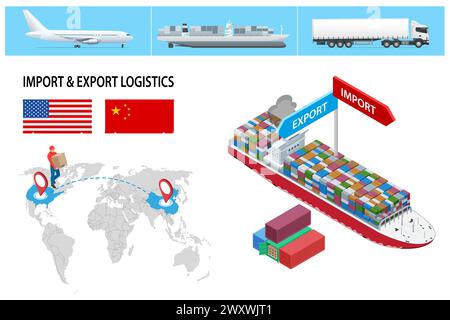 Isometric Logistic Systems. Container ship and dry cargo ship. Import or Export services. Ocean freight forwarding. Sea transportation logistic. Sea Stock Vector