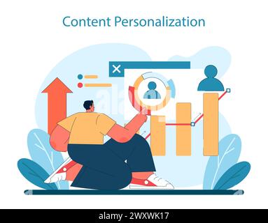 Marketing 5.0 concept. Illustration of targeted content personalization for individual user profiles, enhancing the marketing strategy. Flat vector illustration. Stock Vector