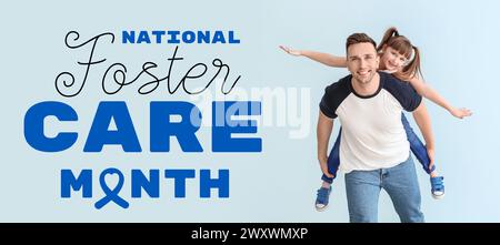 Banner for National Foster Care Month with happy man and little girl Stock Photo