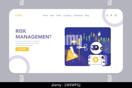 Risk Management web or landing page. A crypto trading bot is illustrated managing risks with precision, as indicated by market charts and a symbolic cut of potential losses. Vector illustration Stock Vector