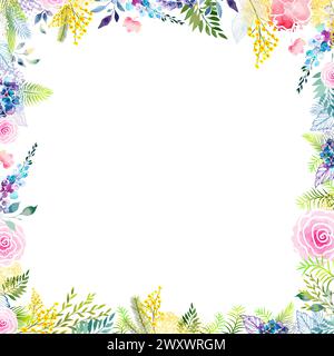 Frame with Yellow mimosa. Spring wreath of the brightest different colorful flowers. Hello Spring . hand drawing. Not AI, Stock Vector