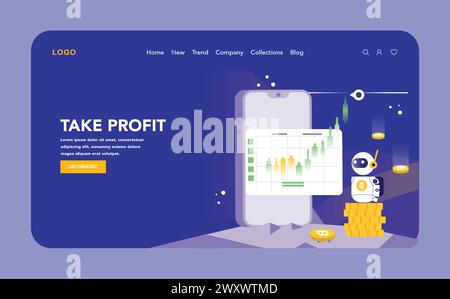Take Profit night or dark mode web or landing page. A cheerful illustration of a crypto trading bot executing a profitable trade, with a stack of coins and positive market chart indicators. Stock Vector