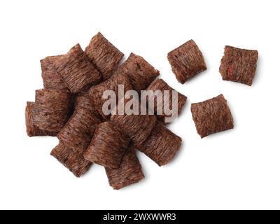 Tasty chocolate cereal pads isolated on white, top view Stock Photo