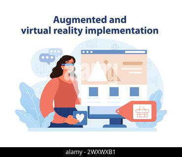 Augmented and Virtual Reality Use. A user interacts with a computer interface using AR glasses, exploring digital shopping advancements. Immersive technology experience. Flat vector illustration. Stock Vector