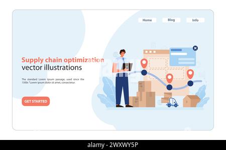 Supply Chain Optimization. Efficient logistics management visualized with real-time tracking and inventory control. Flat vector illustration. Stock Vector