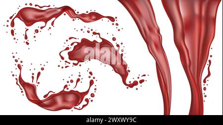 Red wine splashes and jets. Realistic grape liquid in motion with flowing and falling water drops. Alcoholic drink flying, waves with swirls. 3d Stock Vector