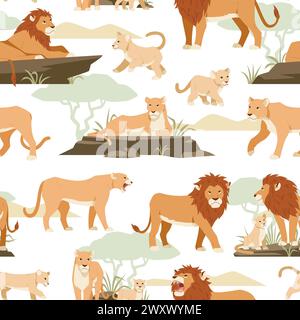 Lions seamless pattern. Jungle animals relax in savannah, lionesses, cubs, feline family, large predator, wild fauna. Decor textile, wrapping paper Stock Vector