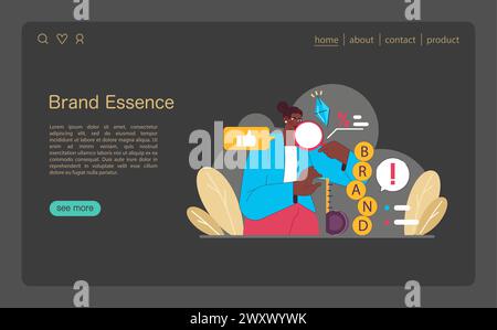 Brand Essence concept. A meticulous examination of brand core values and unique selling propositions, underlining the importance of authenticity in branding. Flat vector illustration Stock Vector