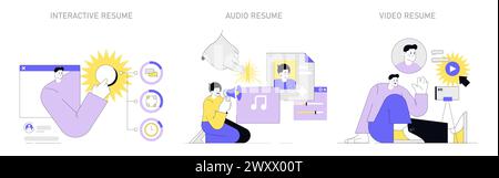 Innovative Resume Formats set. Showcasing interactive, audio, and video resumes for dynamic job applications. A modern take on professional profiles. Vector illustration. Stock Vector