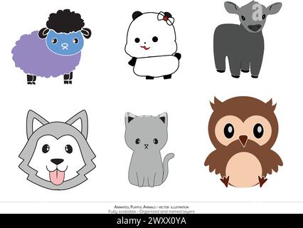 cute animals - animated animals, organized layers, set of animals - motion ready - owl, sheep, goat, panda, fox, cat, wolf Stock Vector