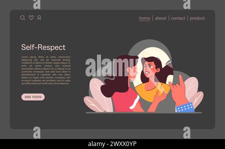 Self Respect concept. A confident woman engages in positive self talk, facing her reflection with a sense of pride and empowerment. Celebrating personal esteem and confidence. Flat vector illustration Stock Vector