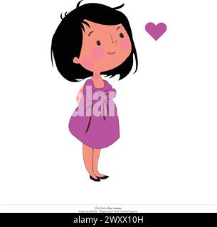 Adorable Little Girl Standing and Lost in Thought. Vector Illustration of a Cute Little Girl Standing and Thinking. Girl with heart Stock Vector