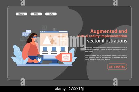 Augmented and Virtual Reality Use. A user interacts with a computer interface using AR glasses, exploring digital shopping advancements. Immersive technology experience. Flat vector illustration. Stock Vector