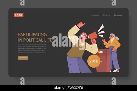 Participating in political life concept. Involved seniors expressing their voices, active in democracy with voting and advocacy. Emphasizing civic duty and rights in society. Stock Vector