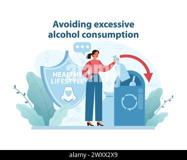 Alcohol Moderation Illustration. A woman discards a bottle into a recycling bin, advocating for moderate alcohol consumption as part of a healthy lifestyle. Stock Vector