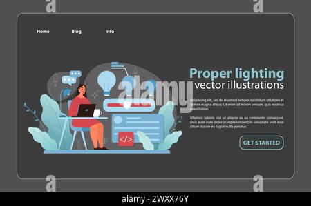 Ergonomic Lighting in Workspaces Illustration. A woman works comfortably at her well-lit desk, showcasing ideal lighting for eye health. Flat vector illustration. Stock Vector