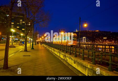 The retro yellow tram rides to the Elisabeth Bridge in the evening city of Budapest, Hungary Stock Photo