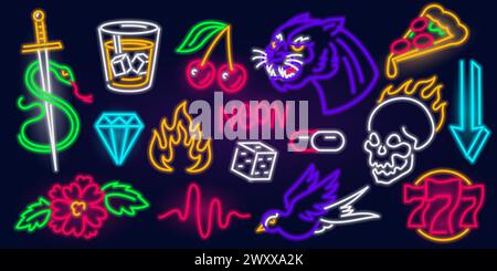Set of fashion neon sign. Night bright signboard, Glowing light banner. Summer logo, emblem. Club or bar concept on dark background. Editable vector Stock Vector