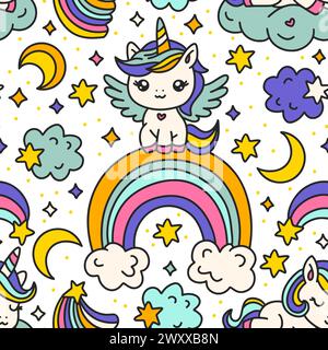 Cute Cartoon Unicorns Seamless Pattern. Unicorn with Wings Animal And Rainbow. Kids Birthday And Baby Shower Vector Stock Vector