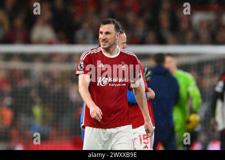 Chris Wood of Nottingham Forest celebrates victory during the Premier League match between Nottingham Forest and Fulham at the City Ground, Nottingham on Tuesday 2nd April 2024. (Photo: Jon Hobley | MI News) Credit: MI News & Sport /Alamy Live News Stock Photo