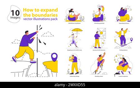 Personal growth and self-improvement are at the heart of this vibrant set Each illustration captures a moment Stock Vector