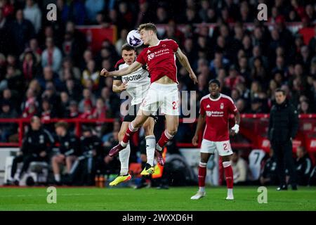 Nottingham, UK. 02nd Apr, 2024. Nottingham, England, April 2nd 2024: Ryan Yates (22 Nottingham Forest) jumps up for a header during the Premier League football match between Nottingham Forest and Fulham at City Ground in Nottingham, England. (Daniela Porcelli/SPP) Credit: SPP Sport Press Photo. /Alamy Live News Stock Photo