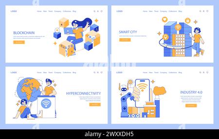 Technological Solutions set. Data encryption and transfer depicted in blockchain. Efficient urban planning in smart city. Worldwide hyperconnectivity network. Vector illustration Stock Vector