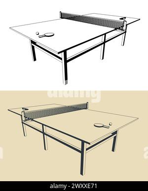 Stylized vector illustrations of table tennis table with rackets and ball Stock Vector