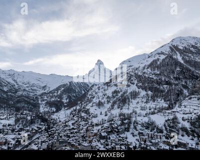 Aerial View of Zermatt, Switzerland with Snowy Matterhorn in Winter Stock Photo