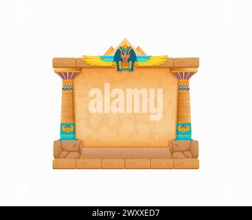 Arcade game frame, ancient Egypt. Vintage Egyptian stone wall. Cartoon vector texture, past civilization construction with pillars and deity or pharaoh monument. Historical quiz, puzzle game gui asset Stock Vector