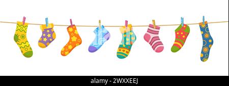Cotton and wool socks on clothesline. Socks hanging on a rope with clothespins, vector cute baby laundry. Cartoon foot clothes with color hearts, star Stock Vector