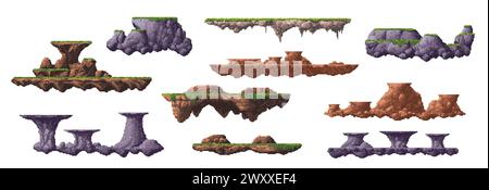 8 bit arcade pixel art game mountain and ground platforms, vector UI assets. Retro video and computer arcade game 2d pixelated rock platforms, floating stone islands and blocks with green grass, moss Stock Vector