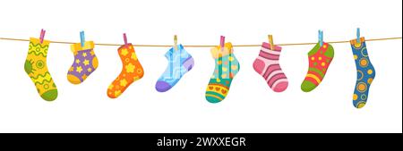 Cotton and wool socks on clothesline. Socks hanging on a rope with clothespins, vector cute baby laundry. Cartoon foot clothes with color hearts, stars, stripes and flowers pattern drying on string Stock Vector