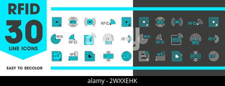 RFID icons of radio frequency identification tags in digital technology, vector line symbols. RFID icon of identity tag or tracking chip and microchip label as identification and data reader Stock Vector