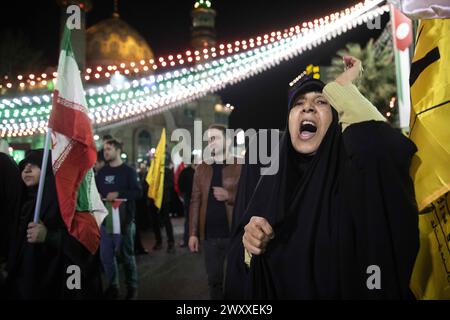 Tehran, Tehran, Iran. 1st Apr, 2024. an Iranian protester chants slogans during their anti-Israeli gathering to condemn killing members of the Iranian Revolutionary Guard in Syria, at the Palestine Sq. in downtown Tehran, Iran, Monday, April 1, 2024. An Israeli airstrike that demolished Iran's consulate in Syria killed two Iranian generals and five officers, Syrian and Iranian officials said Monday. (Credit Image: © Sobhan Farajvan/Pacific Press via ZUMA Press Wire) EDITORIAL USAGE ONLY! Not for Commercial USAGE! Stock Photo