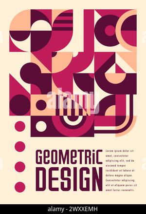 Maroon and purple modern abstract geometric pattern poster. Geometric shapes vector graphic background with circles, triangles and squares composition, trendy minimalist banner or brochure template Stock Vector