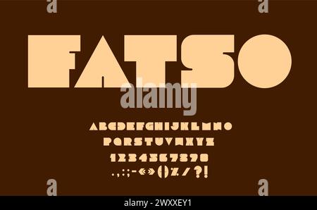 Fat font, bold geometric type, abstract urban typeface, thick solid English alphabet. Vector strong uppercase typography letters, numbers, signs in blocky geometric style. Modern heavy abc characters Stock Vector