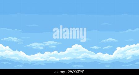 8bit pixel blue sky background with clouds, cloudy game landscape background. Vector heaven cloudscape, gaming level with retro pixelated 2d graphics, create a charming nostalgic natural atmosphere Stock Vector