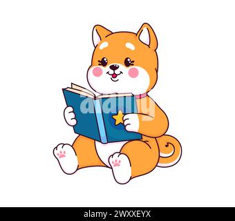 Japanese kawaii shiba inu dog character reading the book. Isolated cartoon vector happy smart puppy character studying lesson. Cute pet personage sitting on floor, turning pages, having fun spare time Stock Vector