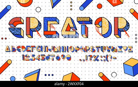 3D block font, memphis type of geometric 90s typeface script, vector traditional english alphabet. Modern geometric font or abstract type letters with Stock Vector