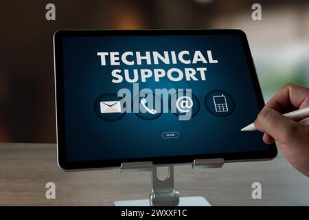 man touch screen Technical Support Center Customer Service Business Technology Service support customer Stock Photo