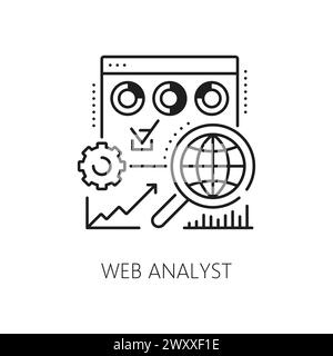 Web analyst, IT specialist icon for data management, analysis and web project report, line vector. Web analyst pictogram of data integrity and server security specialist in digital project performance Stock Vector
