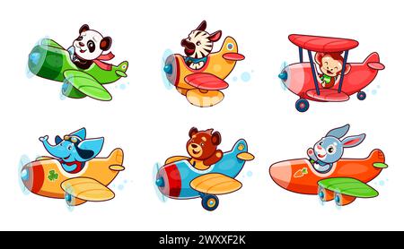 Cartoon cute baby animals characters on planes. Panda and zebra, elephant and rabbit, bear, monkey animal kid airplane pilots in sky. Funny pilots vec Stock Vector